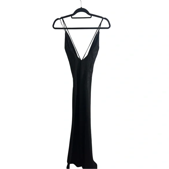 NWT Elegant Long Black Formal Symphony Dress with Deep V-Neck and Lace Detailing - Picture 3 of 11